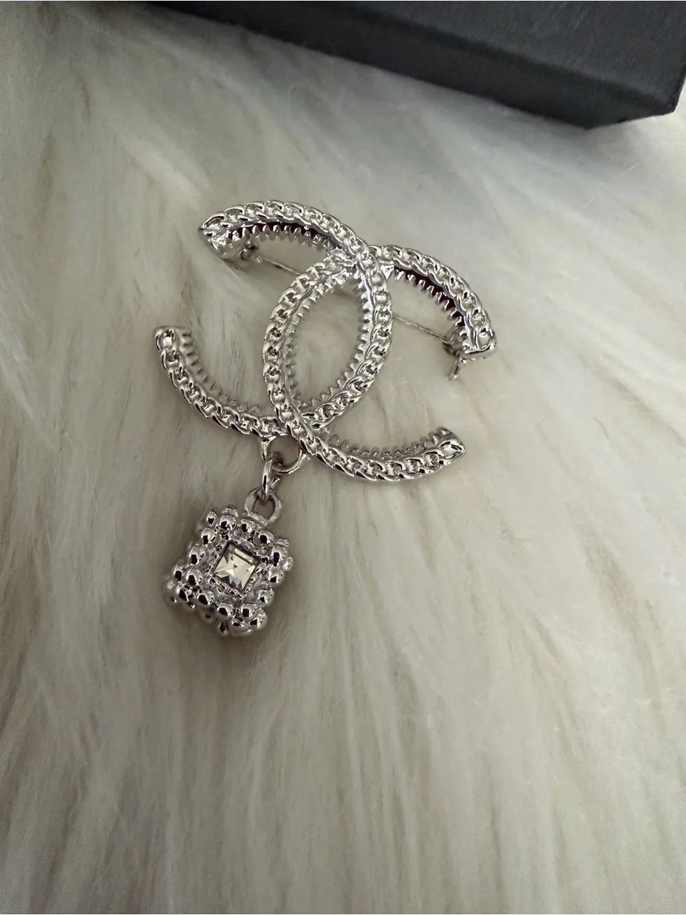 CHANEL Silver Crystal CC Logo Pendant Brooch